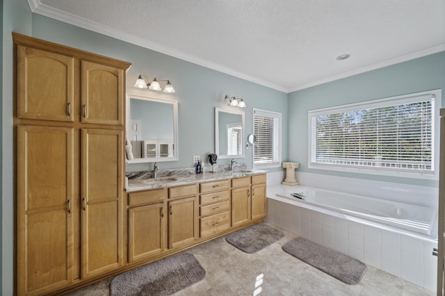 full bathroom with ornamental molding, a garden tub, double vanity, and a sink