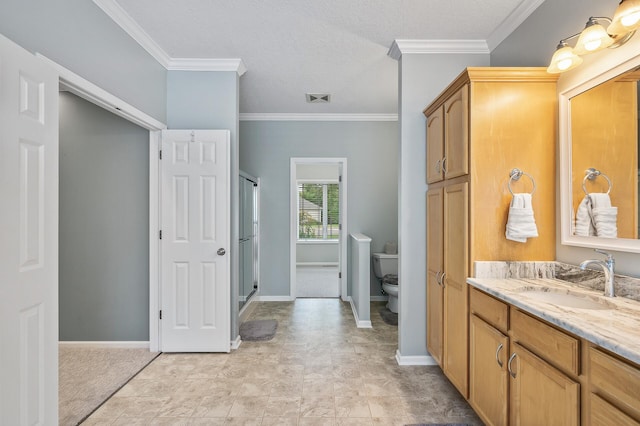 full bath with toilet, a stall shower, crown molding, visible vents, and vanity