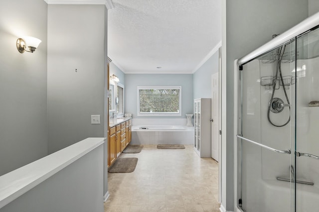 full bath featuring a stall shower, vanity, ornamental molding, and a bath