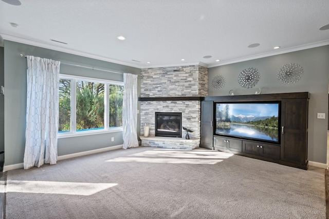 unfurnished living room featuring crown molding, carpet floors, and baseboards