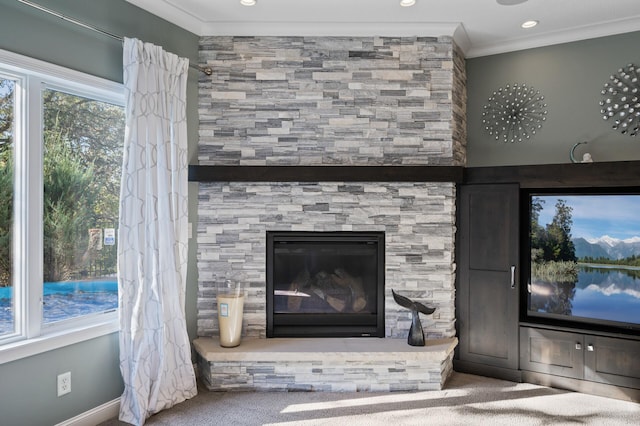 room details with ornamental molding, a fireplace, recessed lighting, and carpet floors