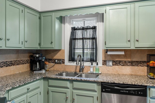 95 Olympic Cir, Chanhassen, MN 55317 - kitchen featuring green cabinets, dishwasher, a sink, and decorative backsplash
