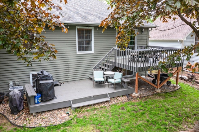 95 Olympic Cir, Chanhassen, MN 55317 - back of house with a shingled roof, a deck, and a yard