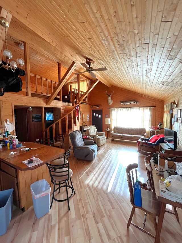 17353 Pine Dr NW, Angle Inlet, MN 56711 - living area featuring wooden ceiling, lofted ceiling, wooden walls, and light wood finished floors