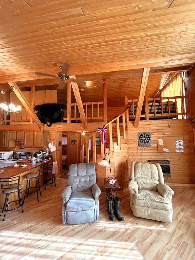 17353 Pine Dr NW, Angle Inlet, MN 56711 - living room with wooden walls, wood ceiling, light wood finished floors, heating unit, and a ceiling fan