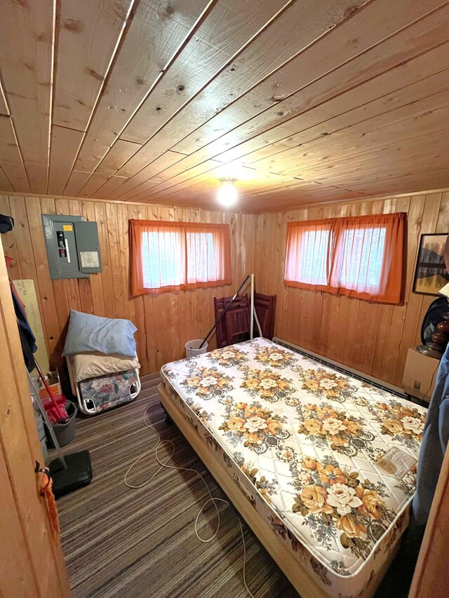 17353 Pine Dr NW, Angle Inlet, MN 56711 - bedroom featuring wooden ceiling, multiple windows, electric panel, wood walls, and carpet floors