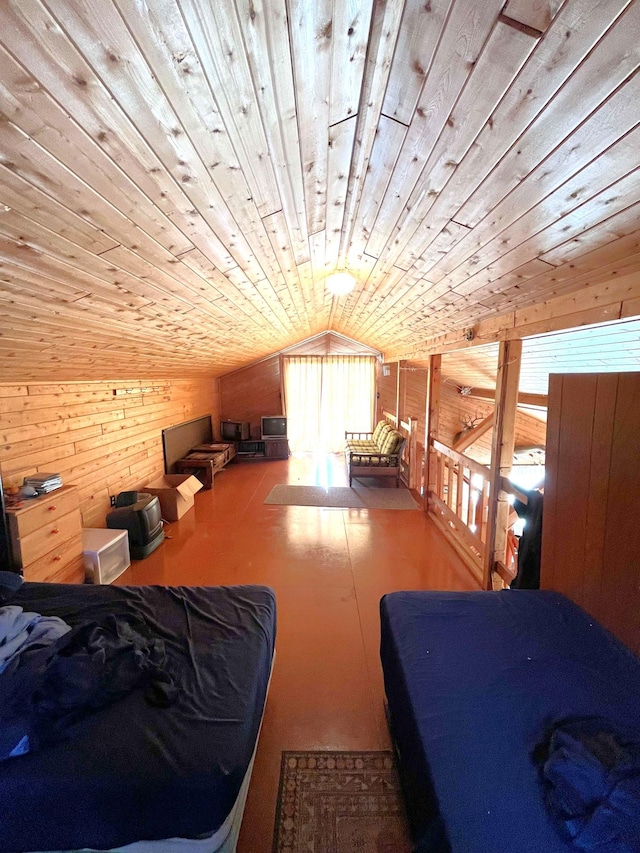 17353 Pine Dr NW, Angle Inlet, MN 56711 - bedroom featuring wooden walls, vaulted ceiling, and wooden ceiling