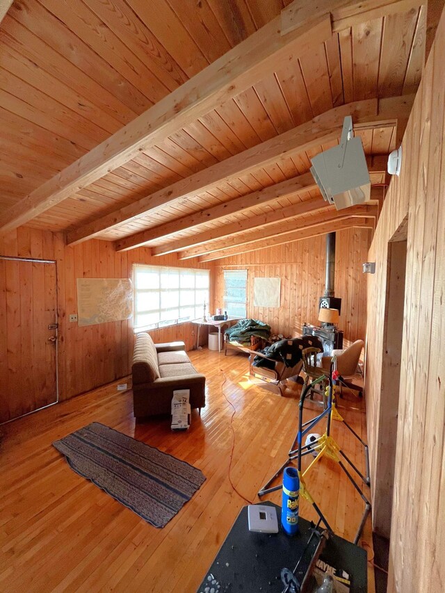 17353 Pine Dr NW, Angle Inlet, MN 56711 - exercise room with wood walls, hardwood / wood-style flooring, and wooden ceiling
