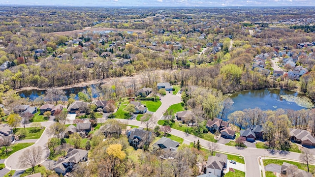bird's eye view featuring a forest view, a water view, and a residential view