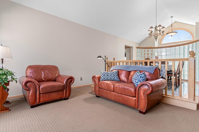 living area featuring a chandelier, lofted ceiling, carpet flooring, and baseboards