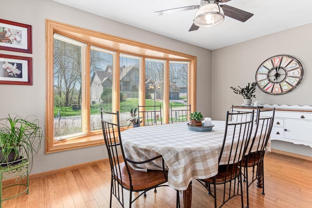 dining room with a wealth of natural light, baseboards, a ceiling fan, and light wood-style floors