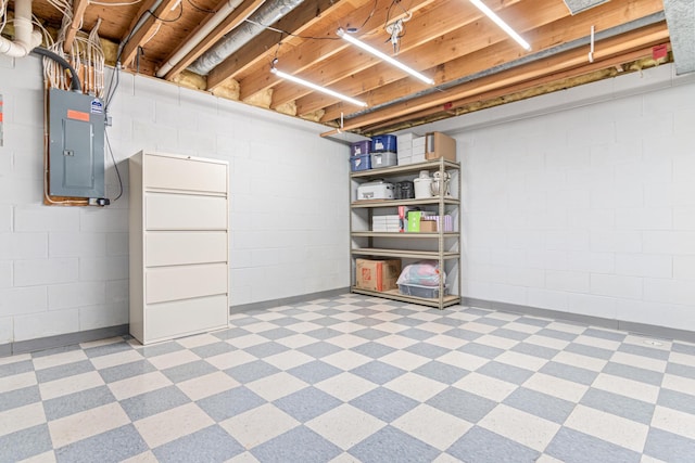 unfinished basement featuring light floors and electric panel