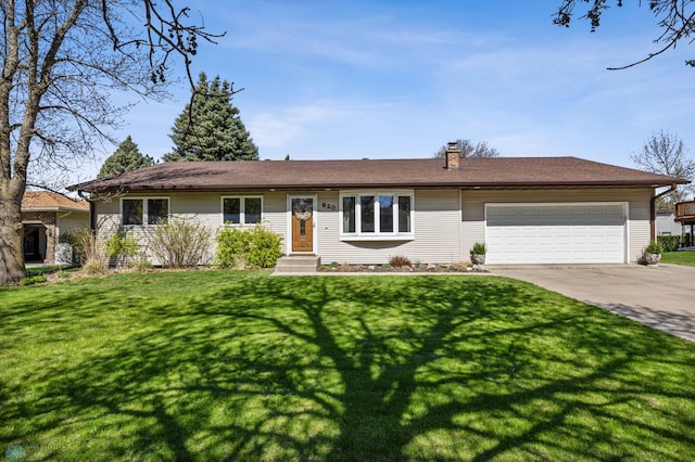 single story home featuring driveway, a chimney, an attached garage, and a front lawn