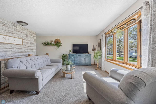 living room featuring a textured ceiling and carpet floors