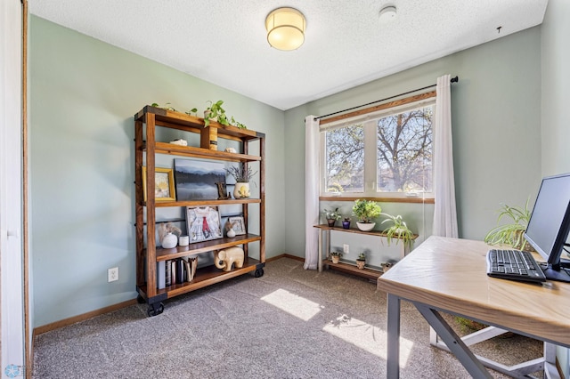 office featuring carpet, a textured ceiling, and baseboards