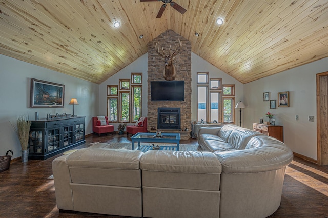 living area with wood ceiling, a fireplace, dark wood-type flooring, baseboards, and ceiling fan