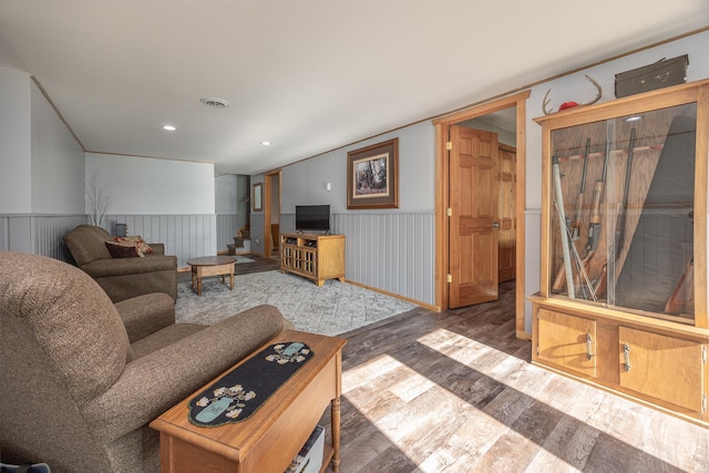 4224 Thunder Lake Lodge Dr NE, Remer, MN 56672 - living area featuring wood finished floors, a wainscoted wall, and recessed lighting