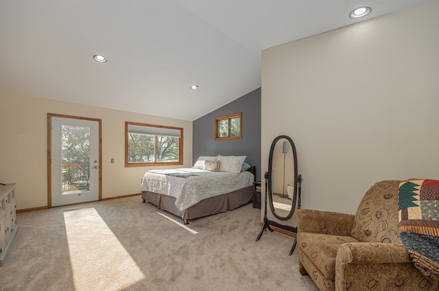 4224 Thunder Lake Lodge Dr NE, Remer, MN 56672 - bedroom featuring access to outside, vaulted ceiling, light carpet, and recessed lighting