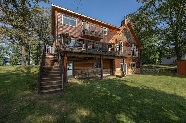 4224 Thunder Lake Lodge Dr NE, Remer, MN 56672 - rear view of house featuring a chimney, a balcony, a yard, a wooden deck, and a patio area