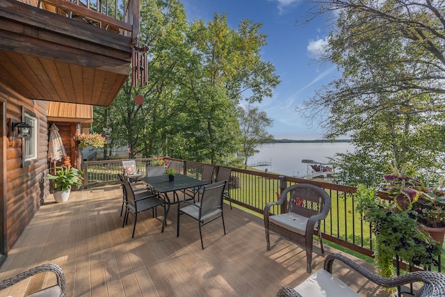 4224 Thunder Lake Lodge Dr NE, Remer, MN 56672 - wooden deck featuring a water view and outdoor dining area