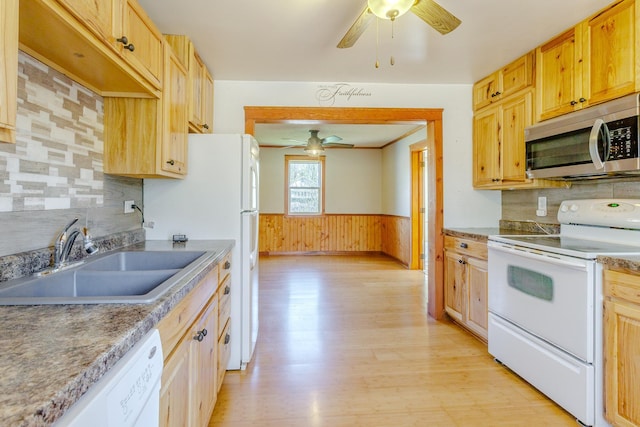 kitchen featuring a sink, white appliances, light wood finished floors, a ceiling fan, and wainscoting