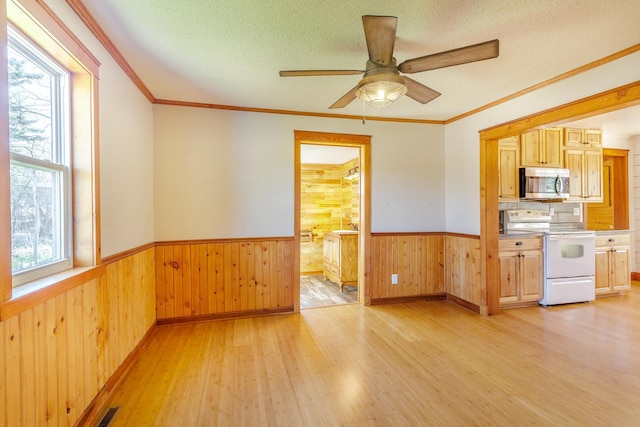 interior space featuring light wood finished floors, a textured ceiling, wood walls, and wainscoting