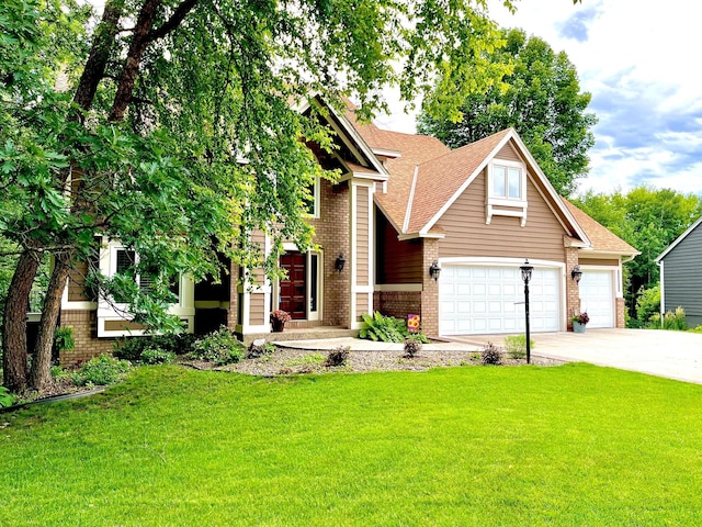 1237 Summit Oaks Dr, Burnsville, MN 55337 - view of front of home with brick siding, an attached garage, driveway, a front lawn, and roof with shingles