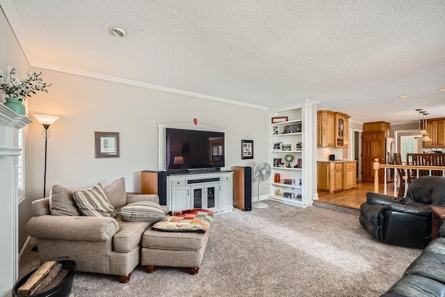 1237 Summit Oaks Dr, Burnsville, MN 55337 - living area with light carpet, crown molding, and a textured ceiling