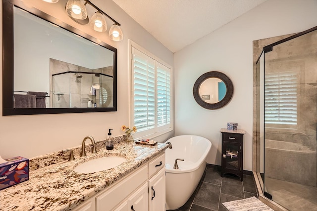 1237 Summit Oaks Dr, Burnsville, MN 55337 - bathroom with a stall shower, vanity, vaulted ceiling, a freestanding bath, and tile patterned flooring