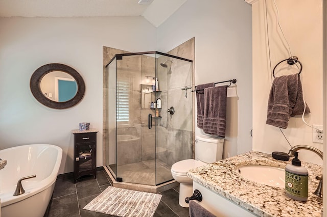 1237 Summit Oaks Dr, Burnsville, MN 55337 - bathroom with vanity, a shower stall, lofted ceiling, a freestanding bath, and tile patterned floors