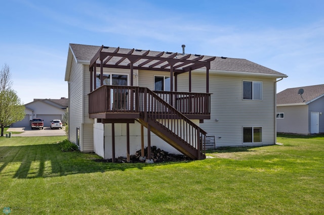 1683 Oakwood Dr, West Fargo, ND 58078 - rear view of property with stairway, a pergola, a lawn, and a deck