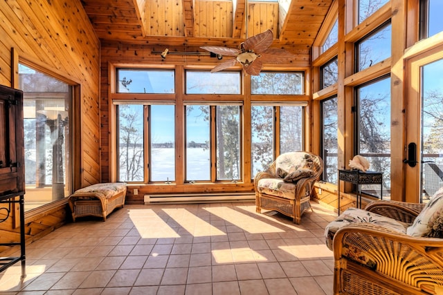 sunroom / solarium featuring wood ceiling, a healthy amount of sunlight, tile patterned floors, baseboard heating, and a water view