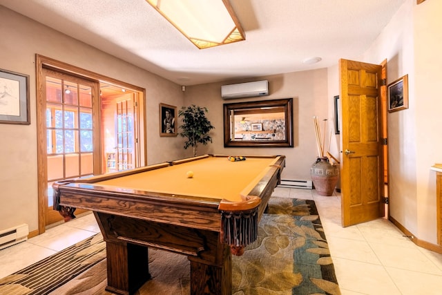 playroom featuring light tile patterned flooring, a baseboard radiator, a wall mounted AC, billiards, and baseboards