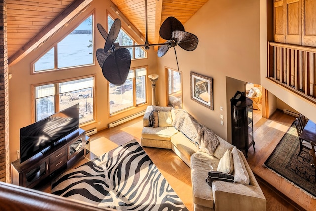living area with a baseboard radiator, high vaulted ceiling, wooden ceiling, and wood finished floors