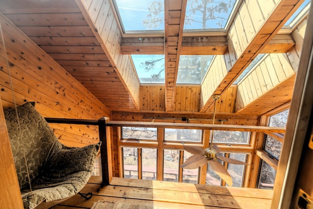 details with wood walls, ceiling fan, and a skylight