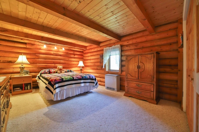 24997 145th Ave, Fort Ripley, MN 56449 - bedroom featuring light colored carpet, wood ceiling, beam ceiling, and log walls