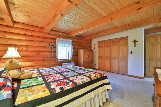 24997 145th Ave, Fort Ripley, MN 56449 - carpeted bedroom with log walls, beamed ceiling, wood ceiling, baseboards, and a closet