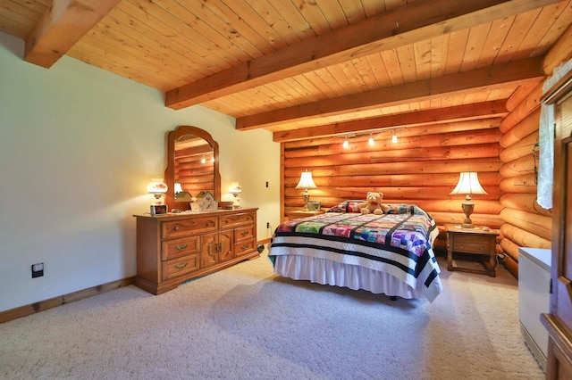 24997 145th Ave, Fort Ripley, MN 56449 - bedroom featuring wood ceiling, carpet, beamed ceiling, baseboards, and rustic walls