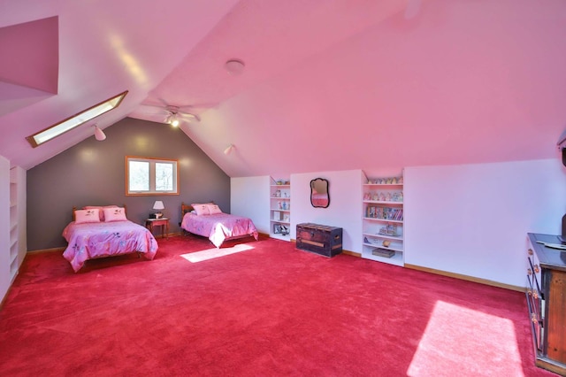 24997 145th Ave, Fort Ripley, MN 56449 - carpeted bedroom featuring a skylight, vaulted ceiling, and a ceiling fan
