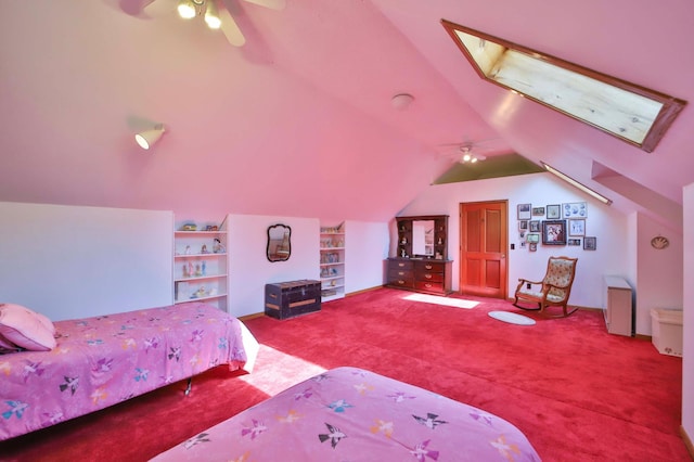 24997 145th Ave, Fort Ripley, MN 56449 - bedroom featuring carpet floors, vaulted ceiling, a skylight, and ceiling fan