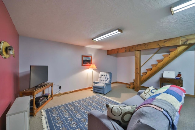 24997 145th Ave, Fort Ripley, MN 56449 - carpeted living area featuring a textured ceiling, stairs, and baseboards