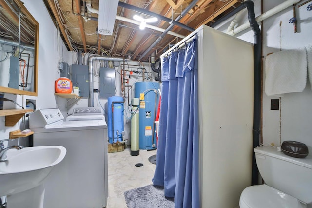 24997 145th Ave, Fort Ripley, MN 56449 - unfinished basement with water heater, washer and dryer, electric panel, and a sink