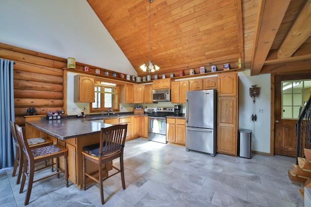 24997 145th Ave, Fort Ripley, MN 56449 - kitchen with stainless steel appliances, a sink, a peninsula, wooden ceiling, and dark countertops