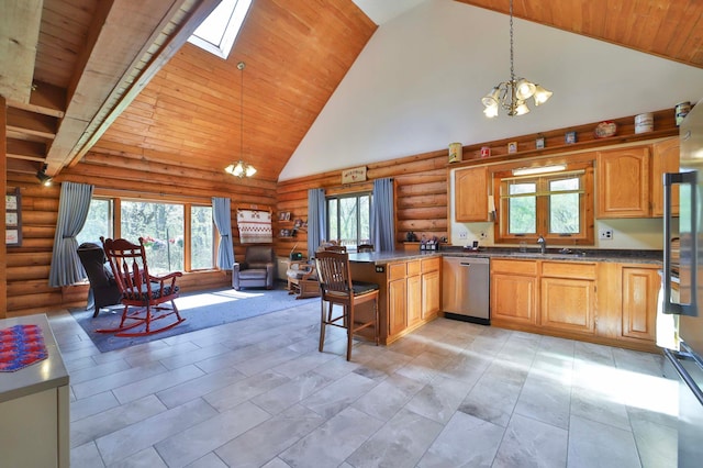 24997 145th Ave, Fort Ripley, MN 56449 - kitchen featuring stainless steel dishwasher, a chandelier, wooden ceiling, log walls, and high vaulted ceiling