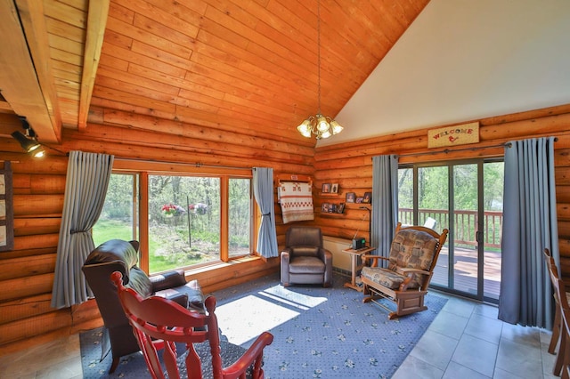 24997 145th Ave, Fort Ripley, MN 56449 - living area featuring a chandelier, high vaulted ceiling, log walls, wood ceiling, and tile patterned floors
