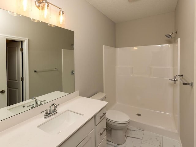 bathroom with a shower, marble look tile flooring, toilet, vanity, and a textured ceiling