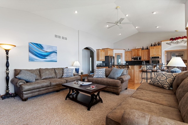46463 Cambridge Dr, Stanchfield, MN 55080 - living room featuring ceiling fan, arched walkways, high vaulted ceiling, and recessed lighting