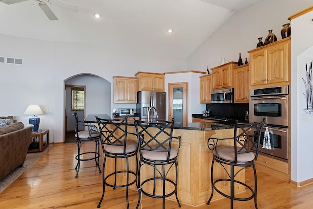 46463 Cambridge Dr, Stanchfield, MN 55080 - kitchen with stainless steel appliances, arched walkways, a kitchen breakfast bar, a ceiling fan, and light wood-type flooring