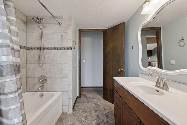 7900 Idaho Cir N, Brooklyn Park, MN 55445 - bathroom with shower / bathtub combination with curtain, vanity, and a textured ceiling