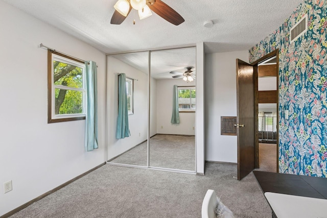 7900 Idaho Cir N, Brooklyn Park, MN 55445 - unfurnished bedroom with carpet, a textured ceiling, multiple windows, and a ceiling fan